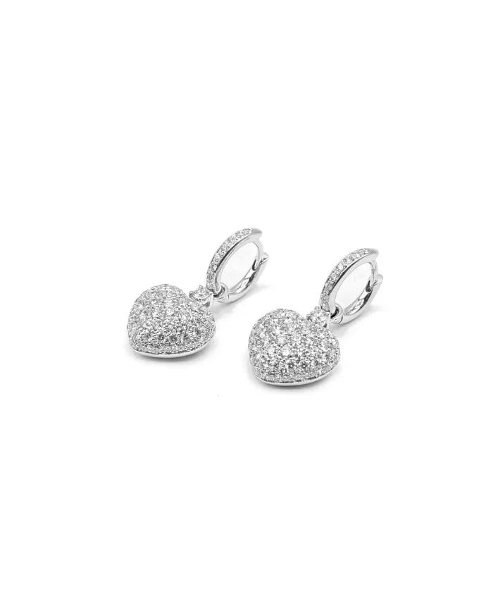 Orecchini Leo Pizzo in Oro Bianco a Cuore con Diamanti Bianchi