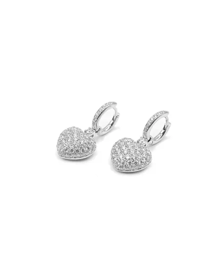 Orecchini Leo Pizzo in Oro Bianco a Cuore con Diamanti Bianchi