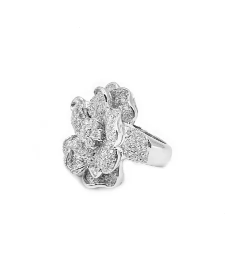 Anello Leo Pizzo in Oro Bianco con Fiore e Diamanti Bianchi