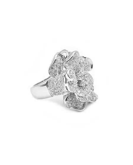 Anello Leo Pizzo in Oro Bianco con Fiore e Diamanti Bianchi