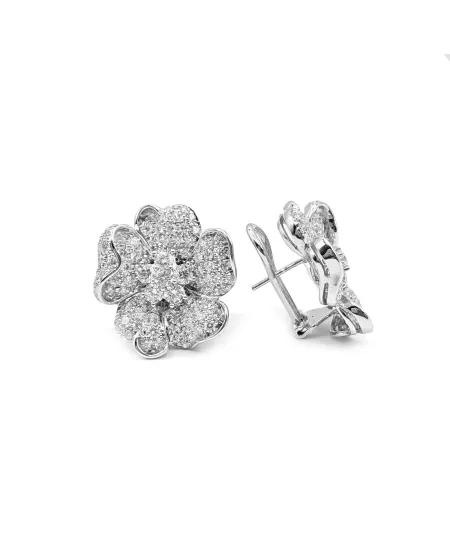 Orecchini Leo Pizzo in Oro Bianco con Fiori e Diamanti Bianchi
