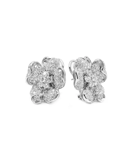Orecchini Leo Pizzo in Oro Bianco con Fiori e Diamanti Bianchi