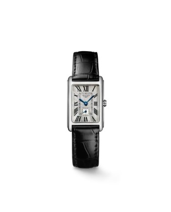 Longines DolceVita Montre pour femme avec cadran argenté et bracelet en cuir noir