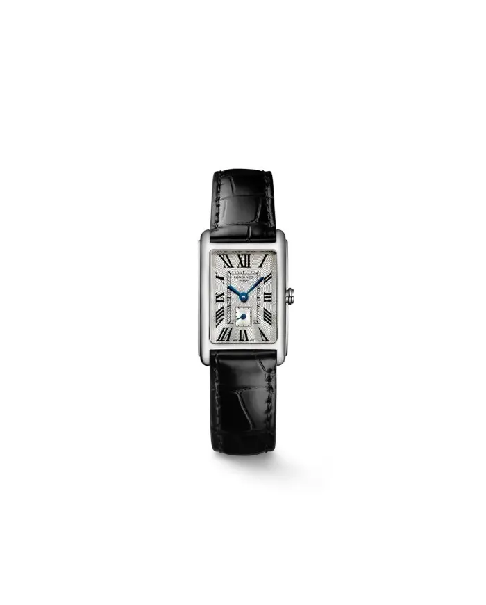 Longines DolceVita Women's Watch with Silver Dial and Black Leather Strap