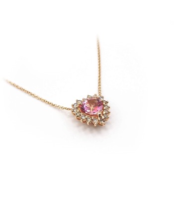 Collier Victor Malafimmina en Or Rose avec Pendentif Coeur Topaze Rose et Diamants