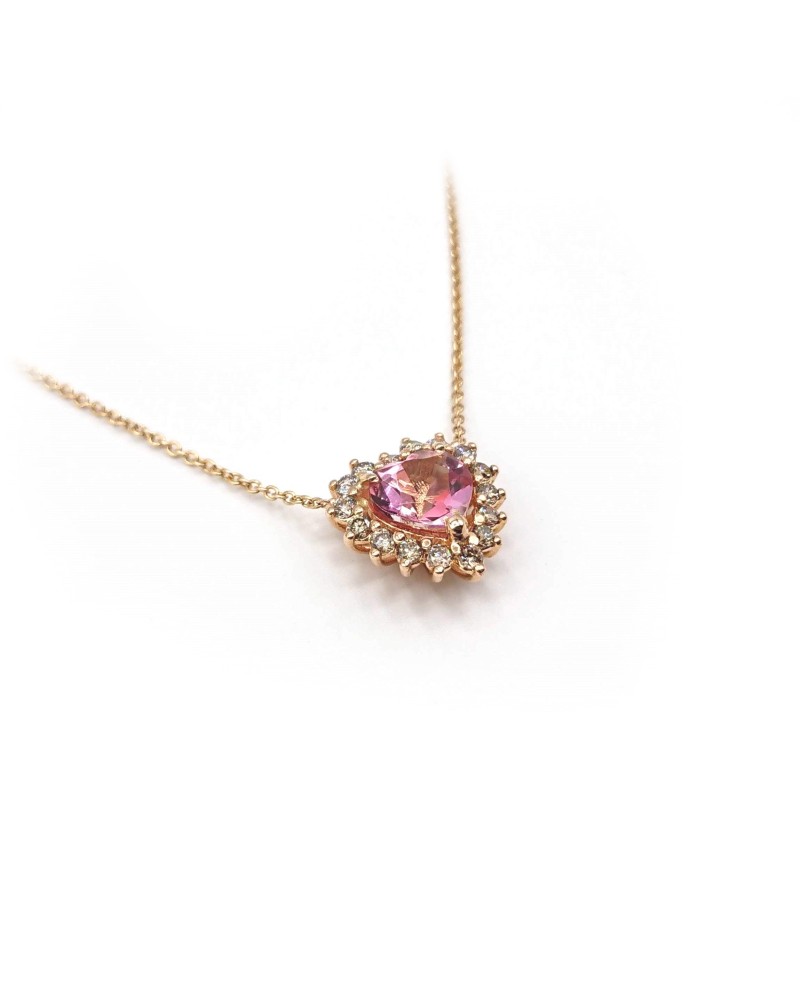 Collier Victor Malafimmina en Or Rose avec Pendentif Coeur Topaze Rose et Diamants