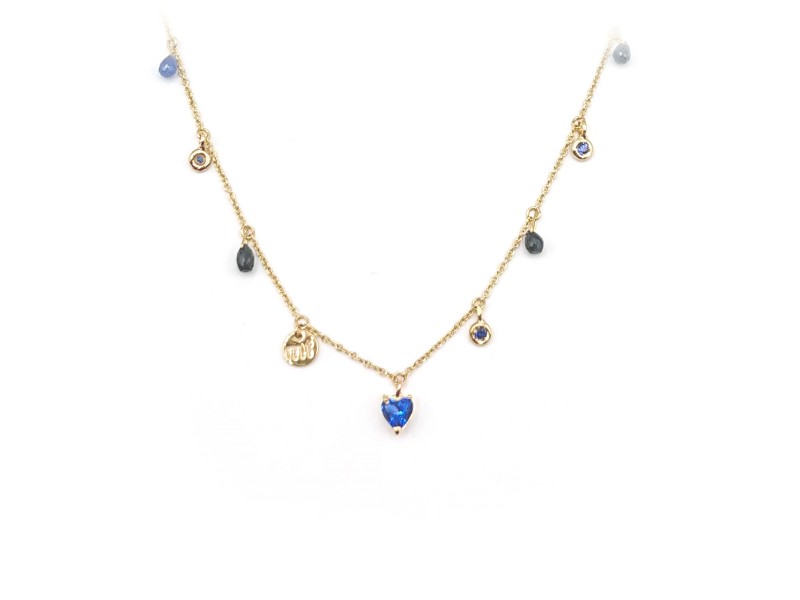 Malafimmina Mollami Necklace in Yellow Gold with Blue Sapphires and Heart Pendant