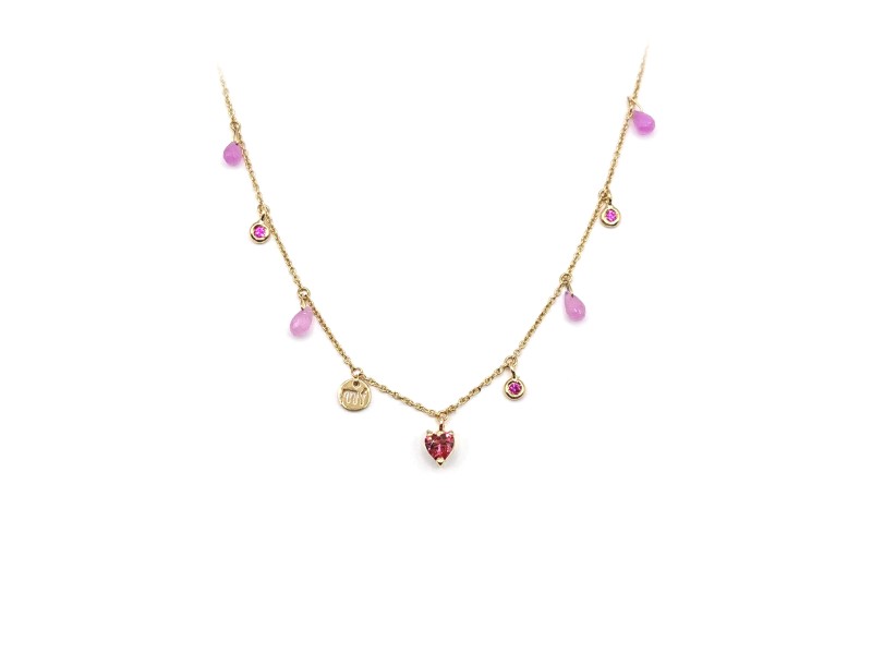 Malafimmina Mollami Necklace in Yellow Gold with Pink Sapphires and Heart Pendant