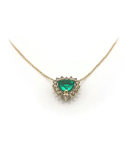 Collier Victor Malafimmina en Or Jaune avec Pendentif Coeur Emeraude et Diamants