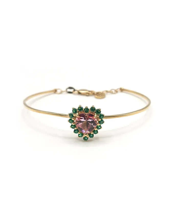 Bracelet Rigide Malafimmina Victor en Or Rose avec Cœur Topaze Rose et Tzavorrite
