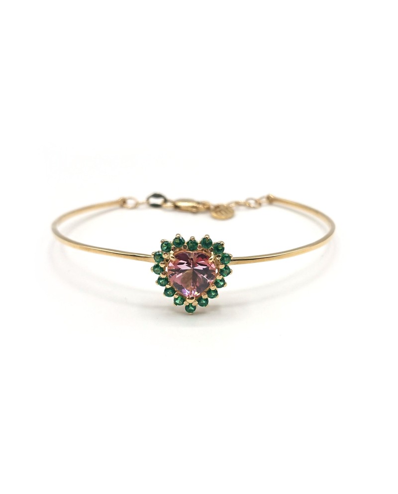 Bracciale Rigido Malafimmina Victor in Oro Rosa con Cuore Topazio Rosa e Tzavorrite