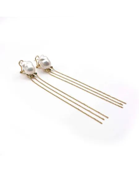 Malafimmina Pendant Earrings in Yellow Gold with Pearls and Tzavorrite