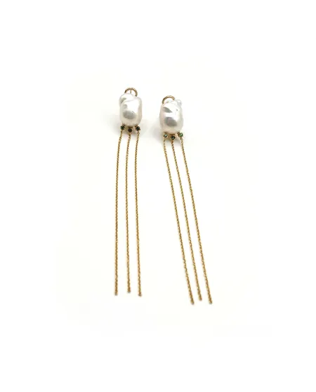 Boucles d'Oreilles Pendantes Malafimmina en Or Jaune avec Perles et Tzavorrite