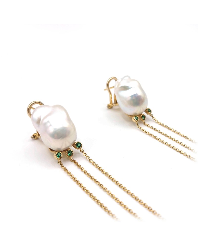 Boucles d'Oreilles Pendantes Malafimmina en Or Jaune avec Perles et Tzavorrite