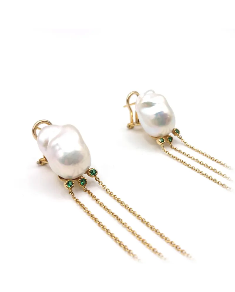 Malafimmina Pendant Earrings in Yellow Gold with Pearls and Tzavorrite