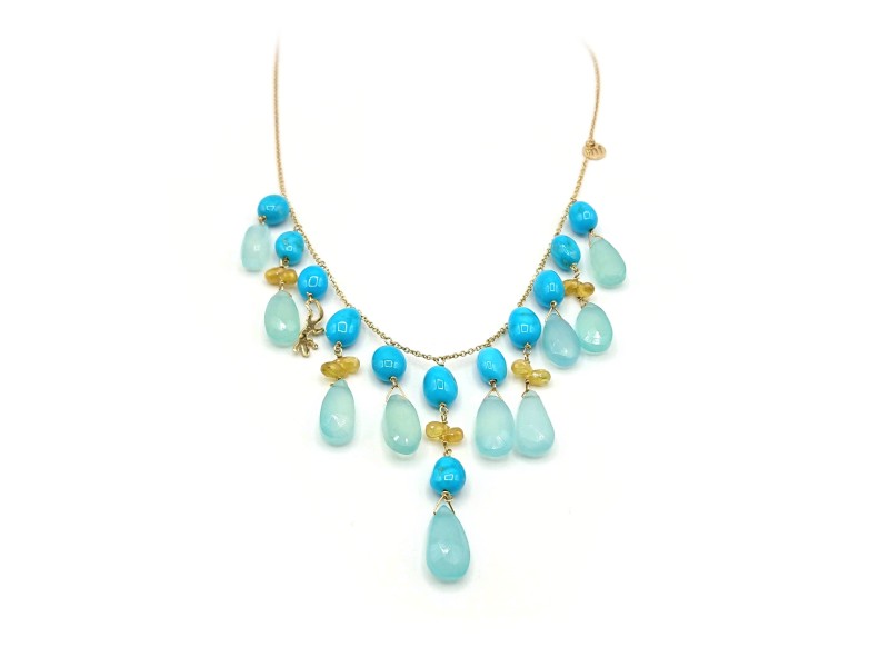 Malafimmina Mollami Necklace in Yellow Gold with Turquoise Sapphires and Chalcedony