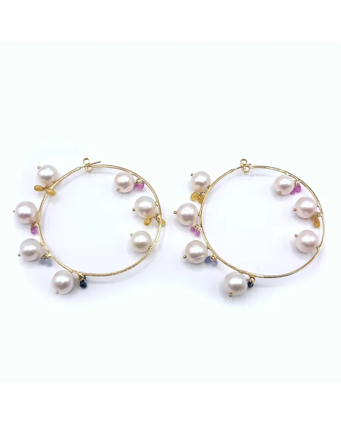 Boucles d'Oreilles Malafimmina Moonlight en Or Jaune avec Saphirs et Perles