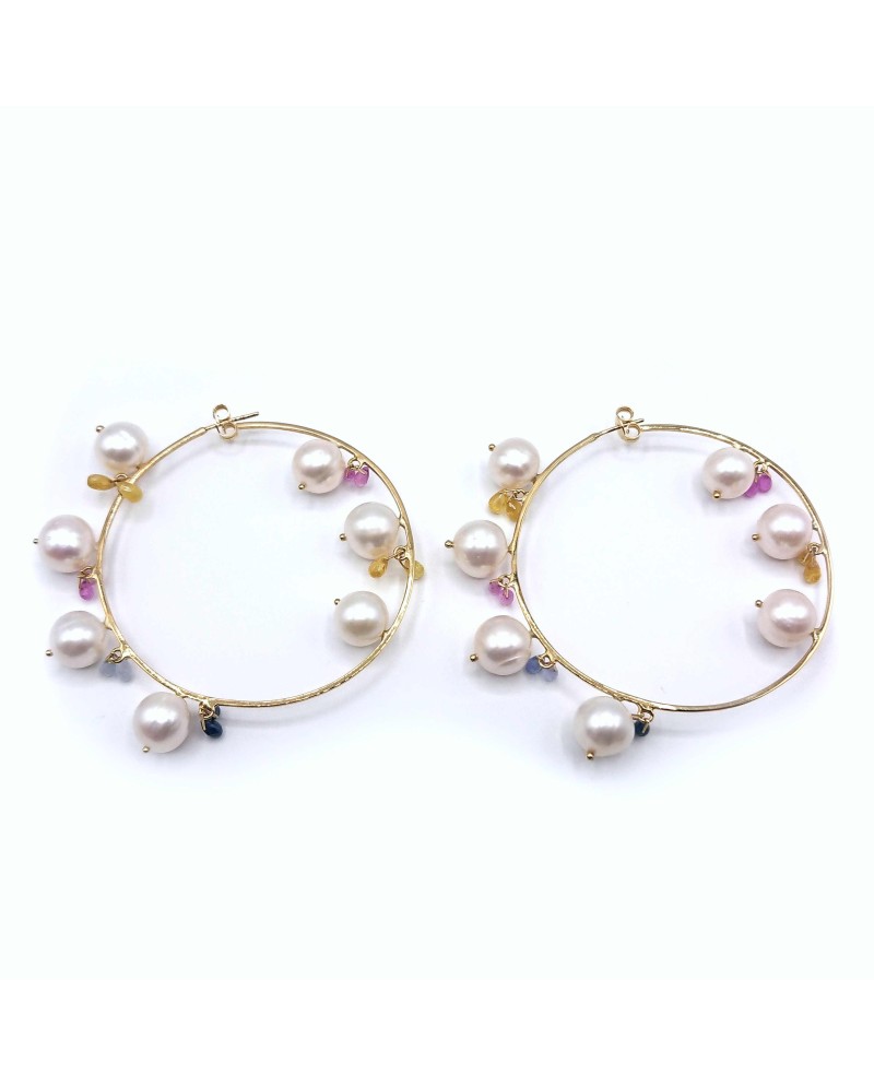 Boucles d'Oreilles Malafimmina Moonlight en Or Jaune avec Saphirs et Perles