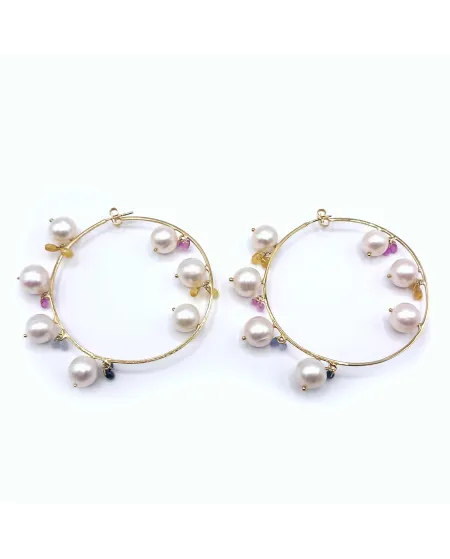 Boucles d'Oreilles Malafimmina Moonlight en Or Jaune avec Saphirs et Perles