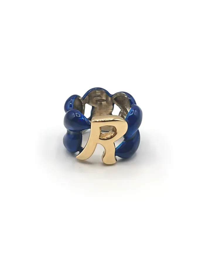 Bague Malafimmina Macaron en Or Jaune et Argent avec Émail et Lettre "R"