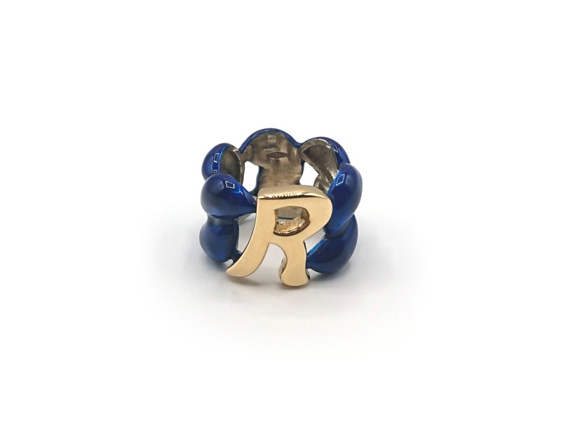 Malafimmina Macaron Ring in Yellow Gold and Silver with Enamel and Letter "R"