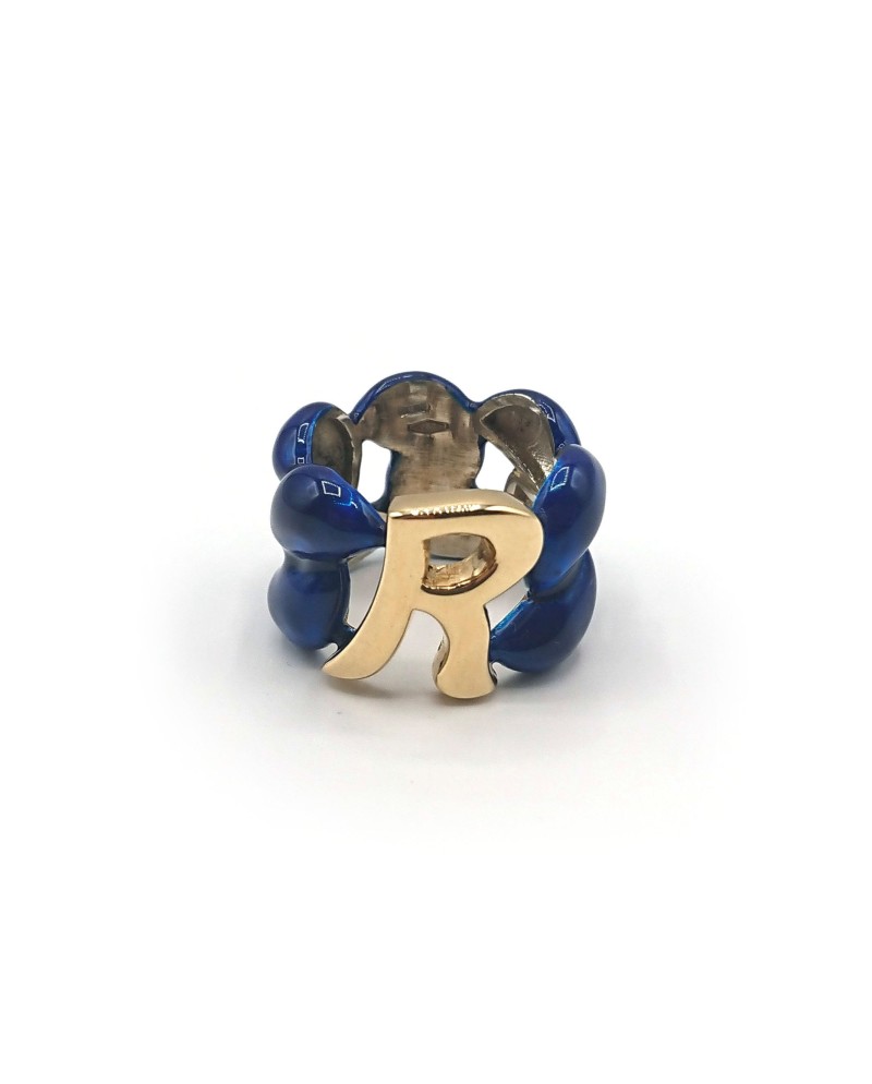 Malafimmina Macaron Ring in Yellow Gold and Silver with Enamel and Letter "R"