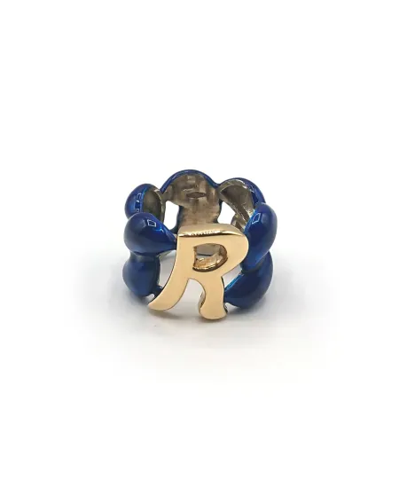 Malafimmina Macaron Ring in Yellow Gold and Silver with Enamel and Letter "R"