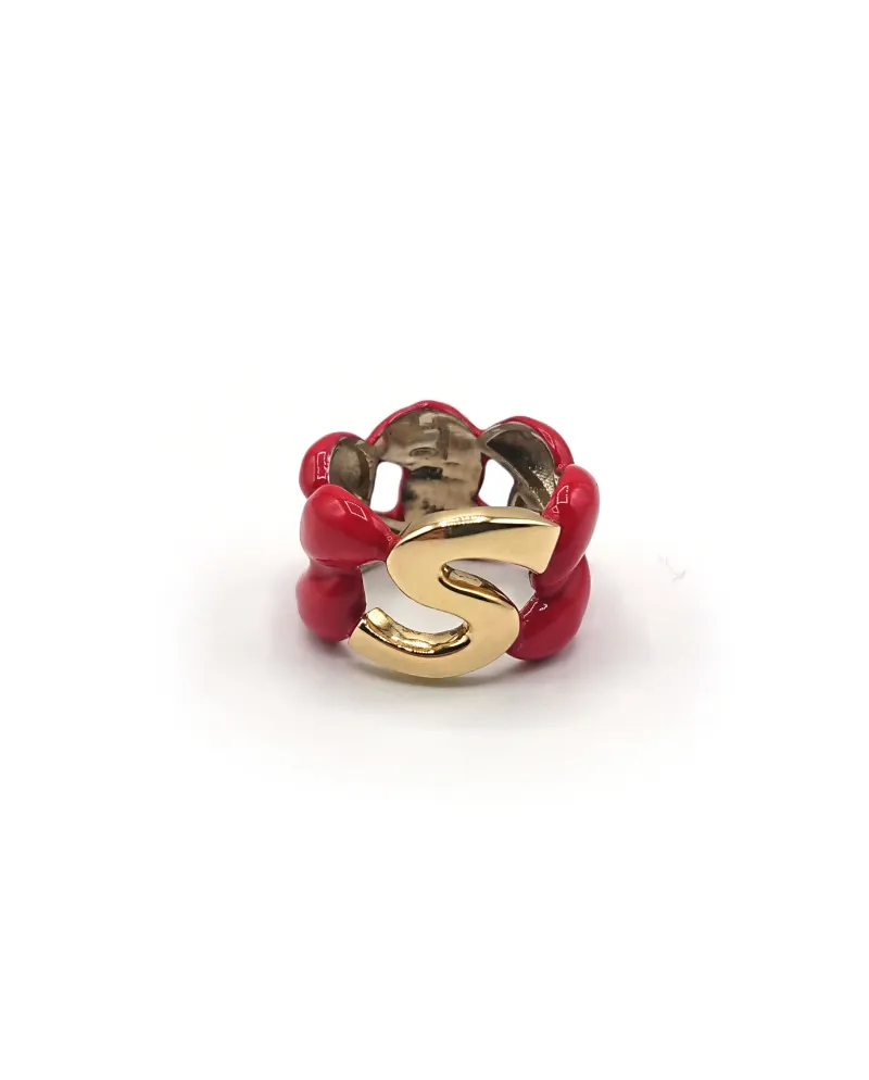 Malafimmina Macaron Ring in Yellow Gold and Silver with Enamel and Letter "S"