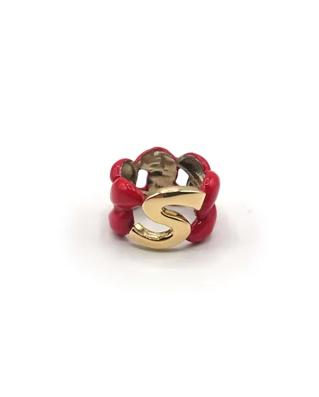 Bague Malafimmina Macaron en Or Jaune et Argent avec Émail et Lettre "S"