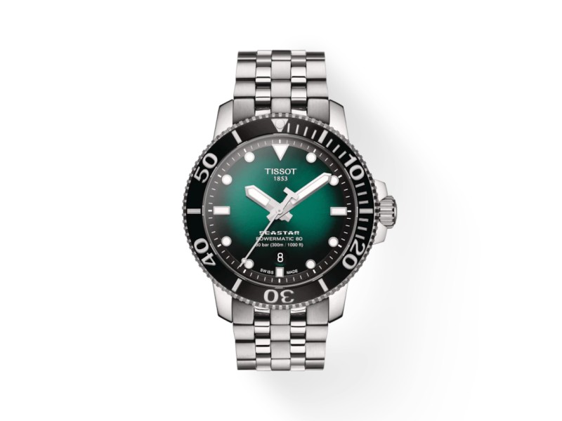 Tissot Seastar 1000 Powermatic 80 Watch with Gradient Green Dial and Steel Bracelet