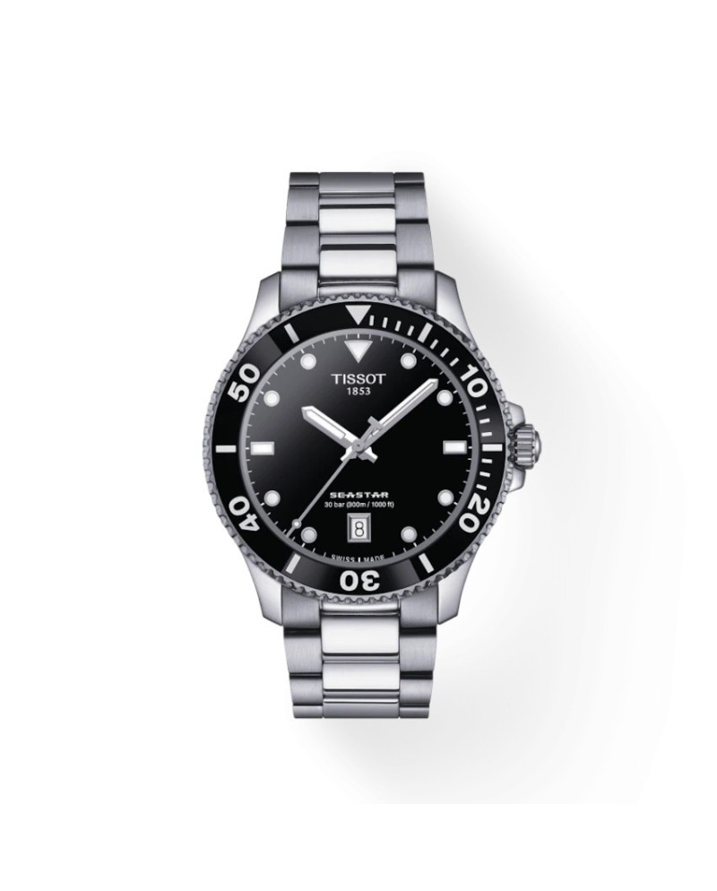 Tissot Seastar 1000 40 mm watch with black dial and steel bracelet