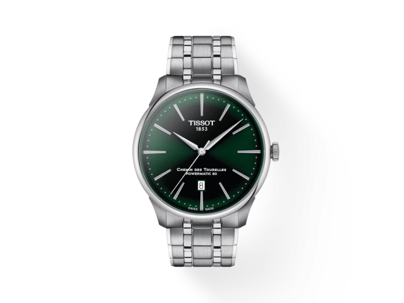 Tissot Chemin Des Tourelles 42mm Powermatic 80 Watch with Green Dial and Steel Bracelet
