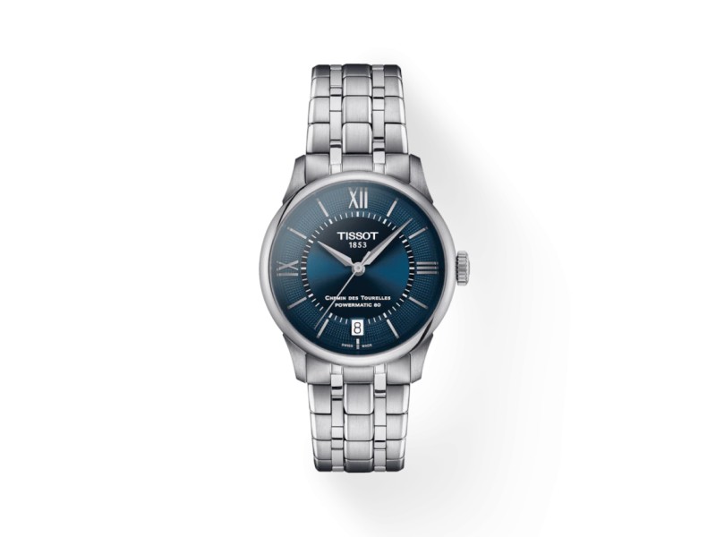 Tissot Chemin Des Tourelles 34mm Powermatic 80 Watch with Blue Dial and Steel Bracelet