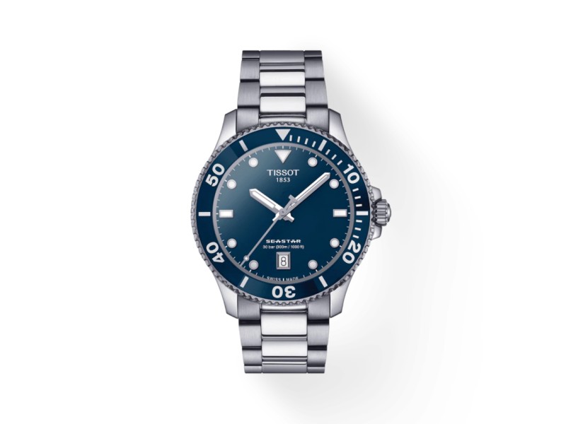 Tissot Seastar 1000 40 mm watch with blue dial and steel bracelet