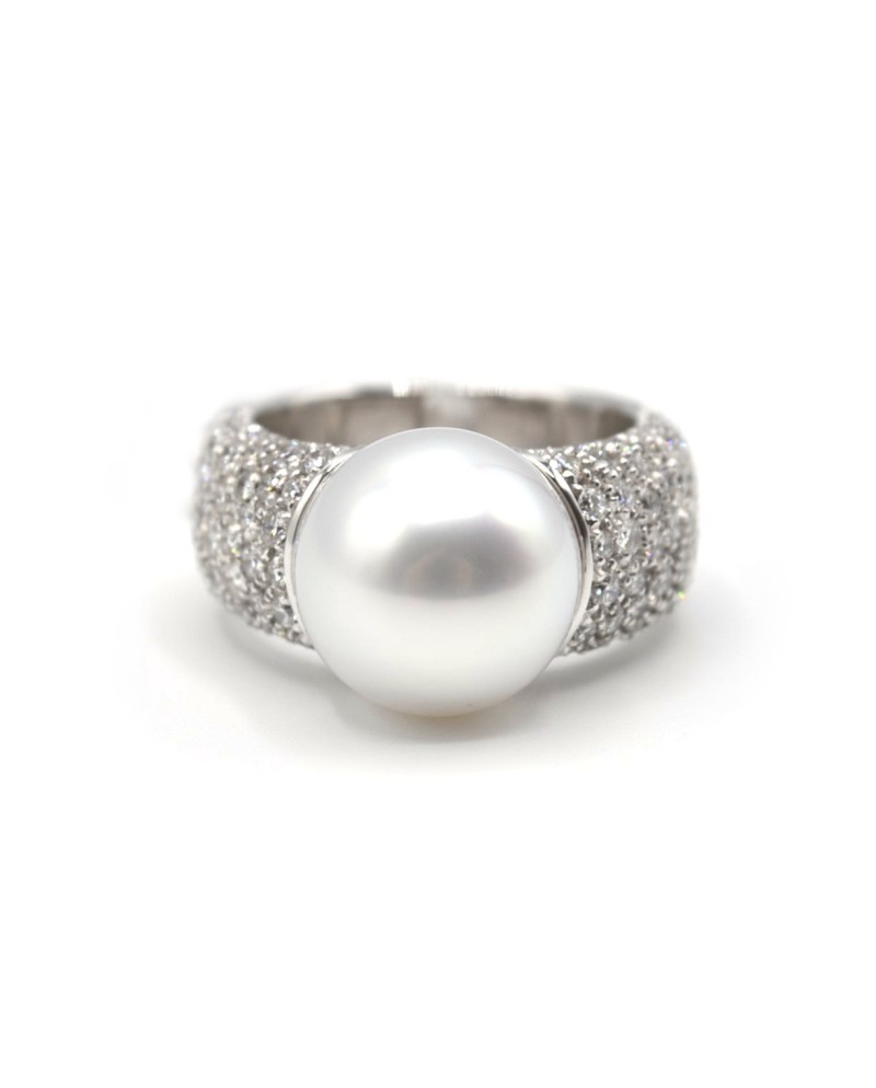 Anello Mikimoto in Oro Bianco con Perla e Diamanti