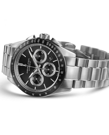 Hamilton Jazzmaster Performer Auto Chronograph avec cadran noir et bracelet en acier