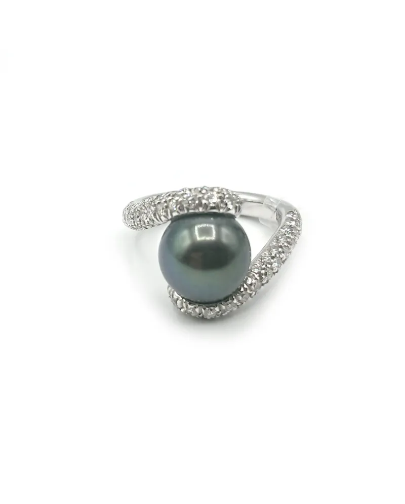 Bague Mikimoto en Or Blanc avec Perle Noire et Diamants