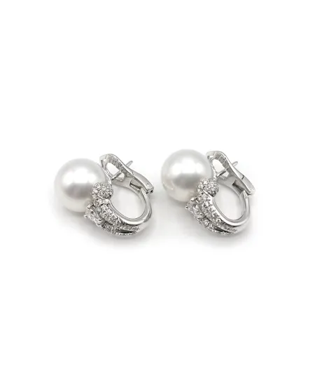 Boucles d'Oreilles Mikimoto en Or Blanc avec Perles et Diamants