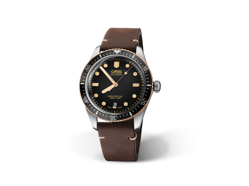 Oris Divers Sixty-Five Watch with Black Dial and Leather Strap