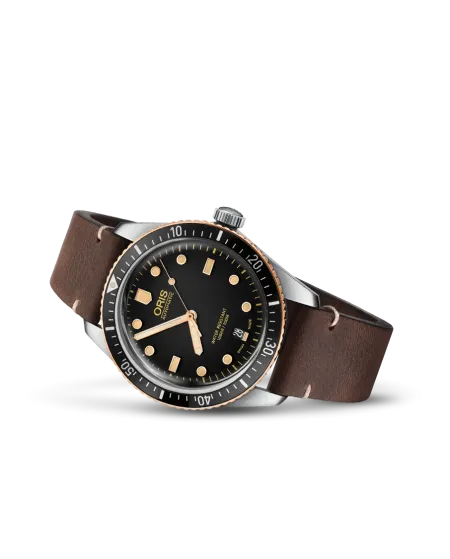 Oris Divers Sixty-Five Watch with Black Dial and Leather Strap