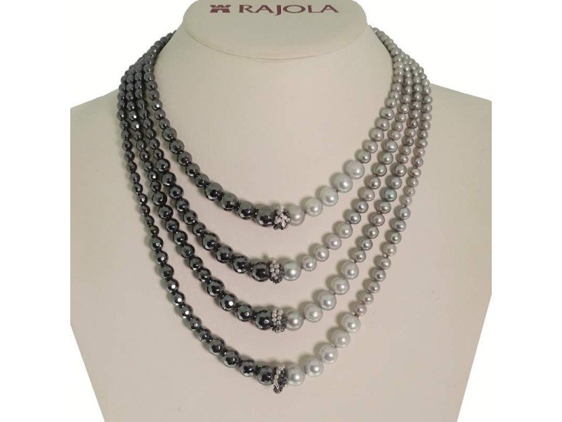 Rajola Fiaba 4 Strands Necklace with Hematite and Gray Pearls