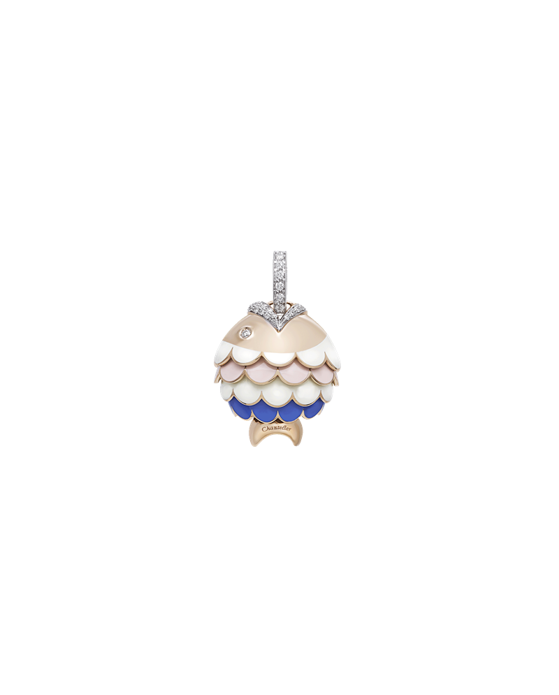 Grand Pendentif Chantecler Paillettes Bell Fish en Or Rose et Diamants