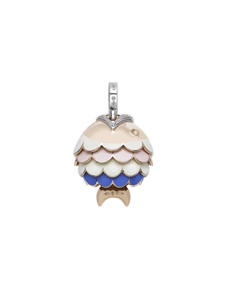 Grand Pendentif Chantecler Paillettes Bell Fish en Or Rose et Diamants