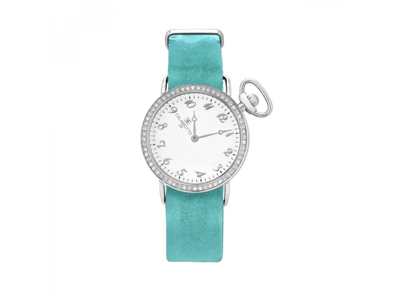 Calabritto28 Watch 32 mm Silver Satin Turquoise with Zircons