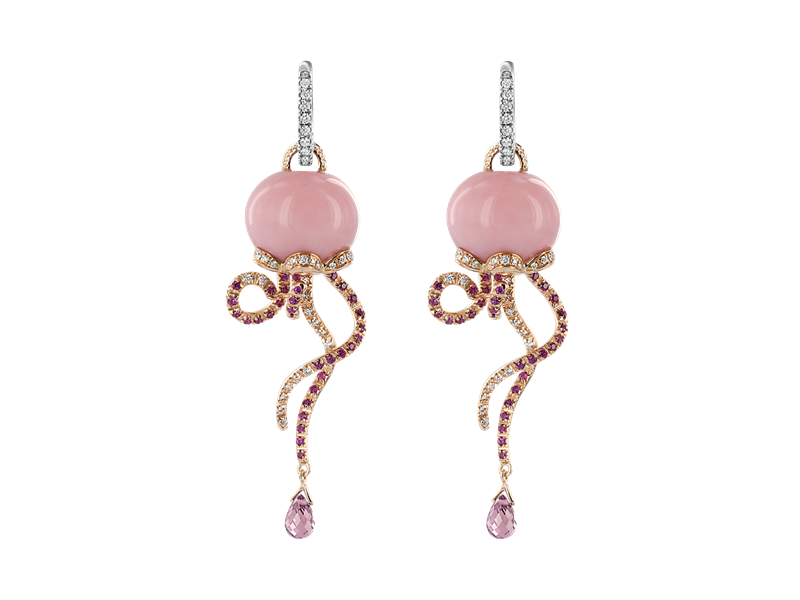 Chantecler Campanella Medusa Earrings in Two-Tone Gold with Opal, Diamonds and Sapphires