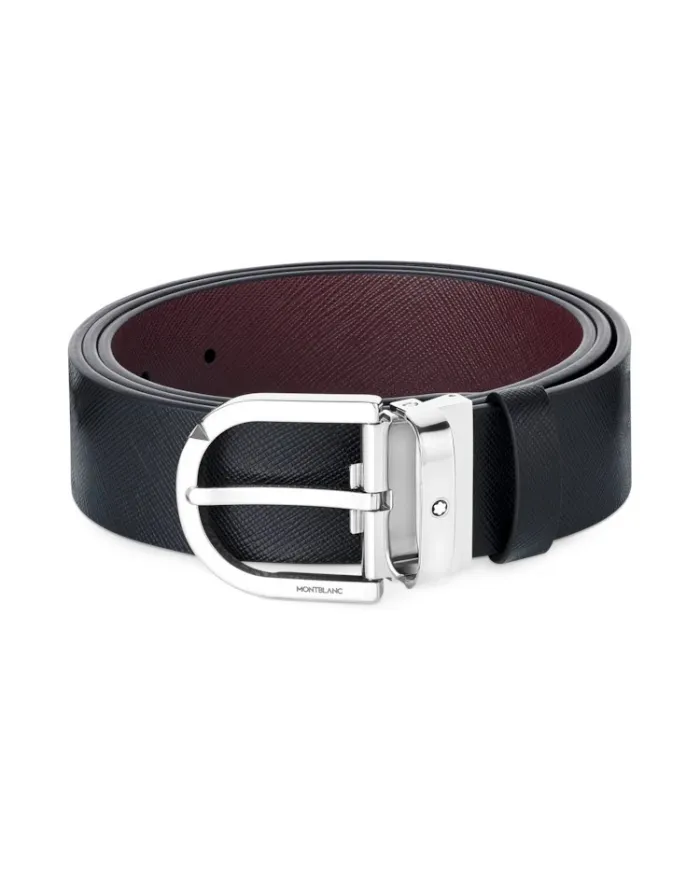 Montblanc Black/Bordeaux Reversible Leather Belt with Horseshoe Buckle