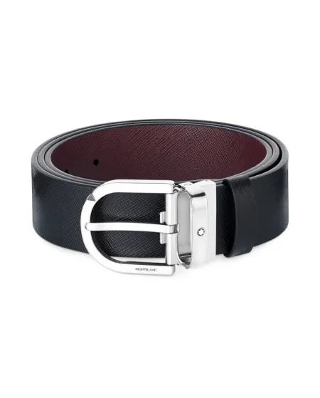 Cintura Montblanc in Pelle Reversibile Nera/Bordeaux con Fibbia a Ferro di Cavallo 35 mm
