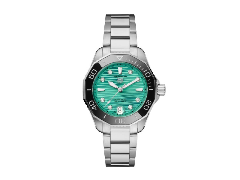 Orologio Tag Heuer Aquaracer Professional 300 Verde 36 mm con Diamanti e Cinturino in Acciaio