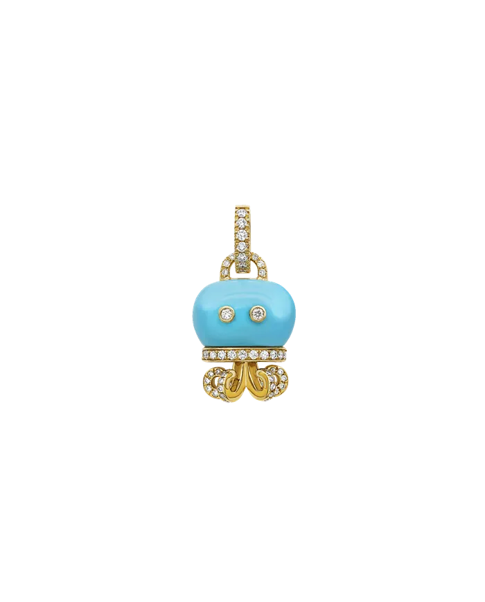 Medium Chantecler Campanelle Octopus Pendant in Yellow Gold with Diamonds and Turquoise