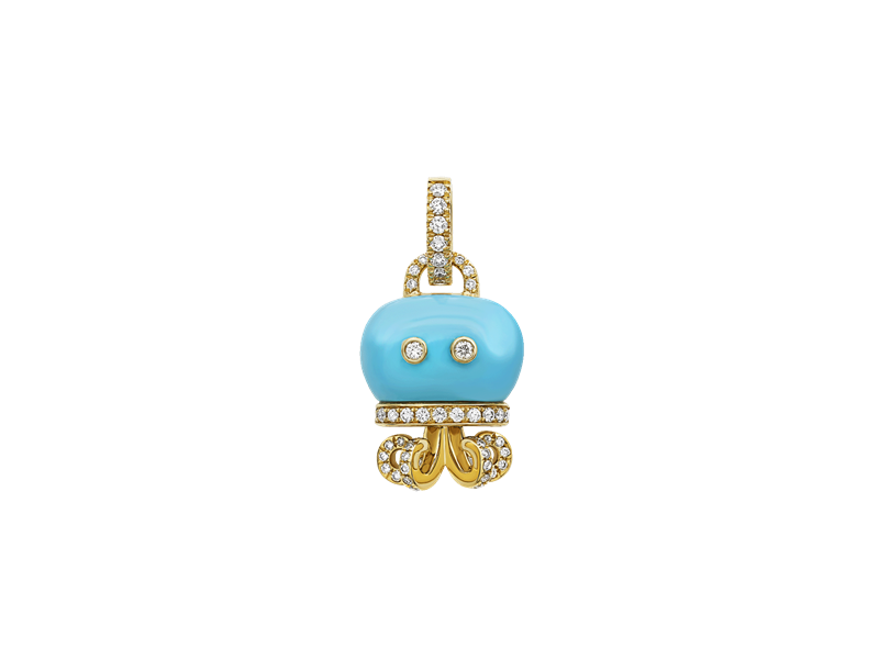 Medium Chantecler Campanelle Octopus Pendant in Yellow Gold with Diamonds and Turquoise